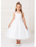 Beaded White Lace Tulle Tea Length Flower Girl Dress